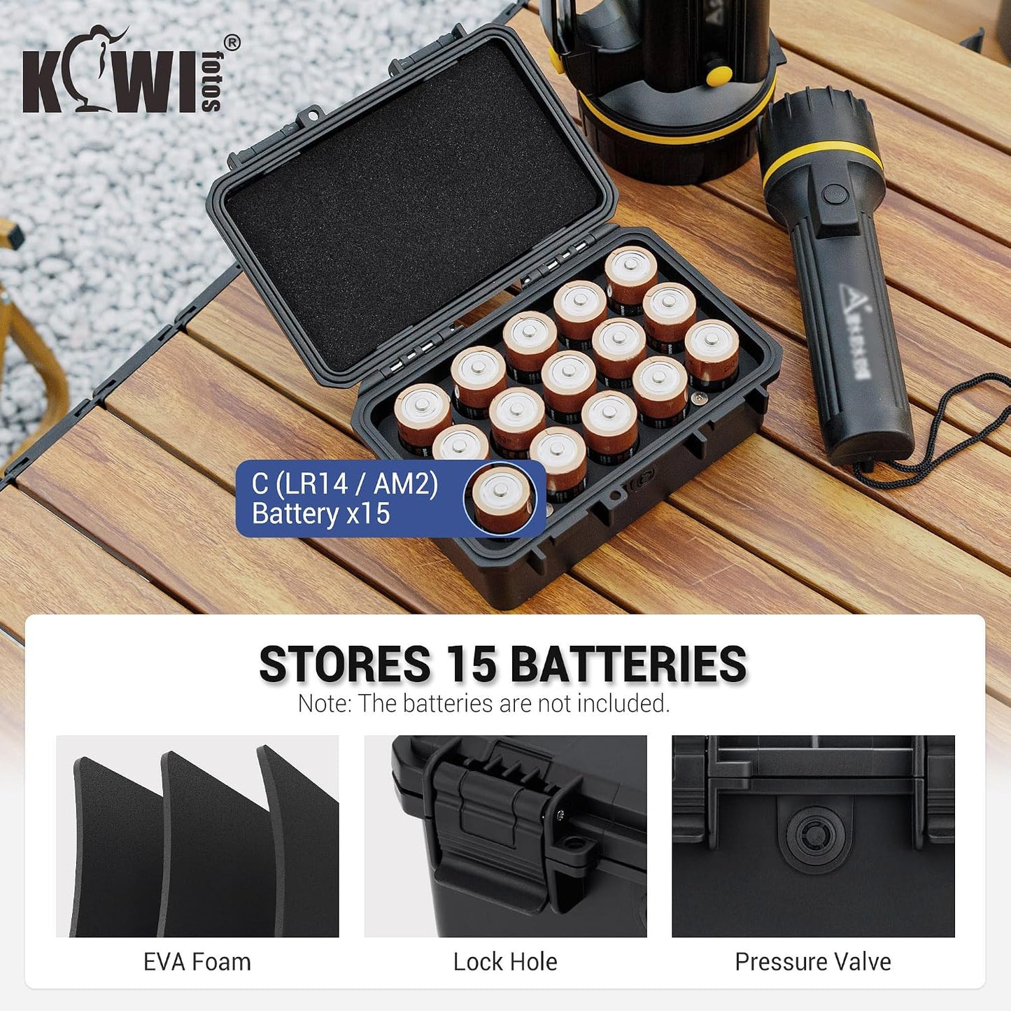 KIWIFOTOS 15 IP67 LR14 Slots C Battery Organizer Storage Case Heavy Duty Waterproof C Cell Alkaline Batteries Holder