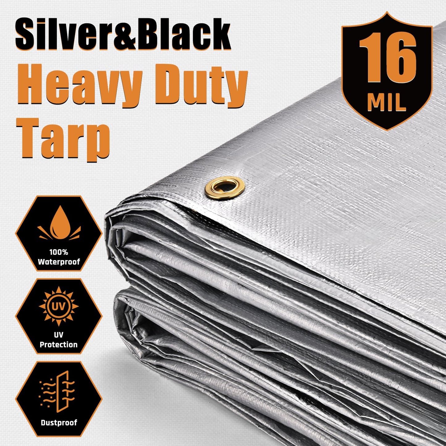 16x16FT Waterproof Tarp, Yumatum 16 Mil Heavy Duty Tarps with Reinforced Edges/Brass Grommets, 100% UV Blocking/Tear Resistant Poly Tarp for Camping, Patio, Tent, Boat(Silver/Black)