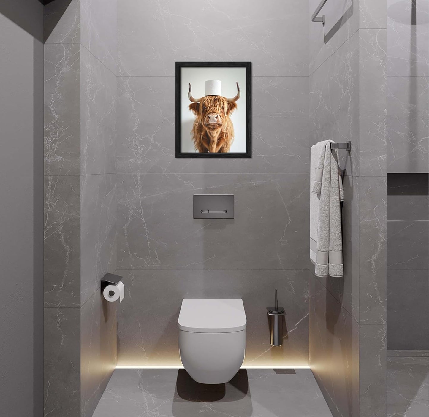 ZXDZSM Highland Cow Wall Art - Funny Rustic Bathroom Decor Canvas Print | Framed 12x16 Inch