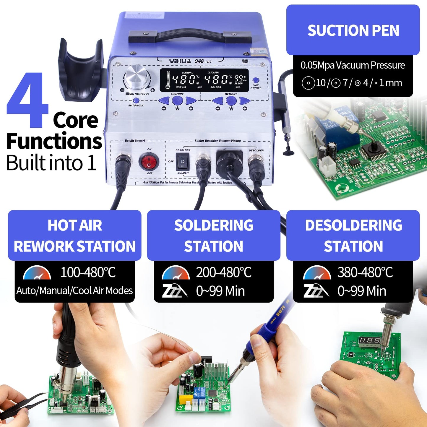 YIHUA 948-II 4 in 1 Hot Air Rework Soldering Iron and Desoldering Suction Tin Gun Station with Suction Pick Up Pen °F /°C