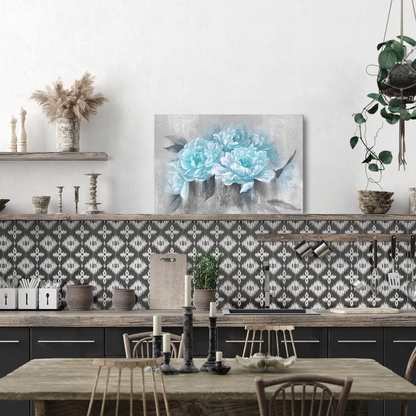 DuoBaorom Aqua and Light Grey Bedroom Elegant FLower Wall Art 24x36 inches