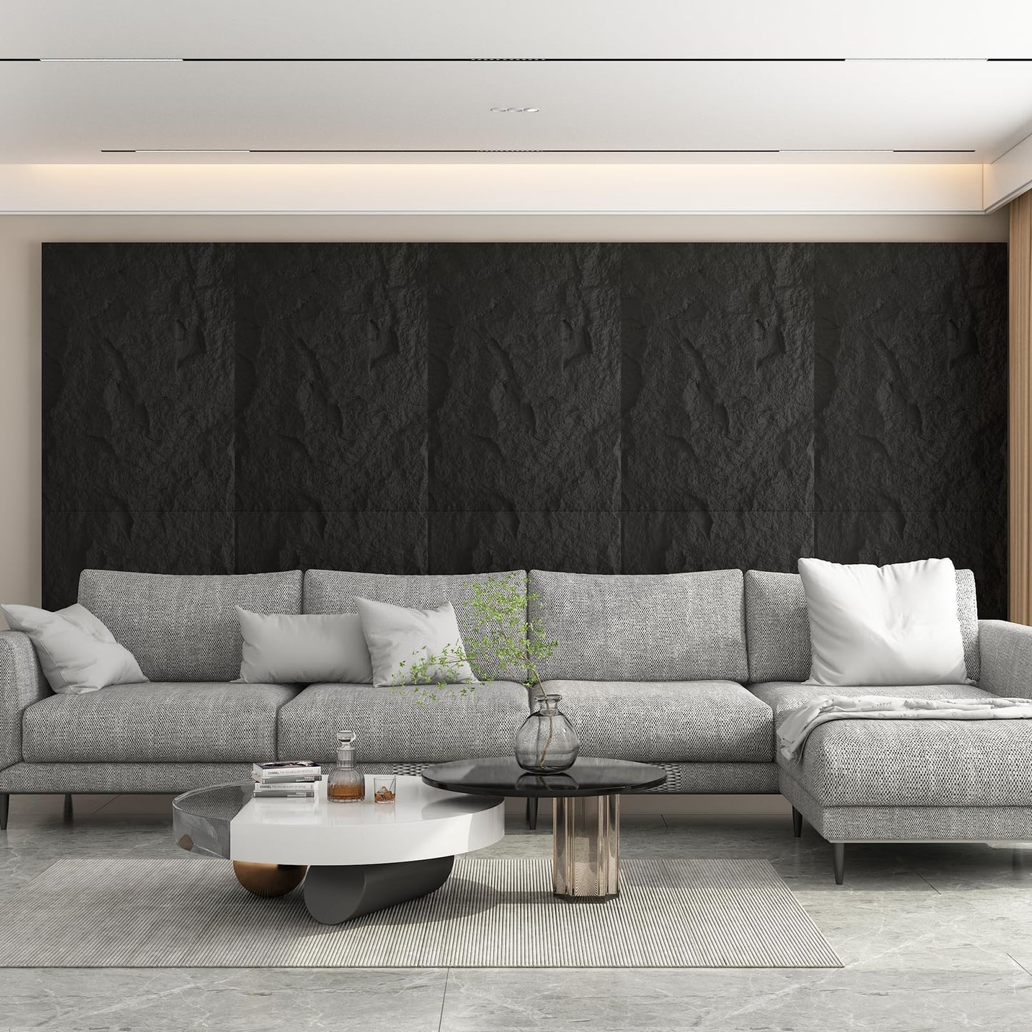 OUZUGIE 4 PCS Faux Stone Wall Panel 47.2’’ x 23.6’’ Interior Exterior Wall Decor 3D PU Panel with Lava Stone Design Black