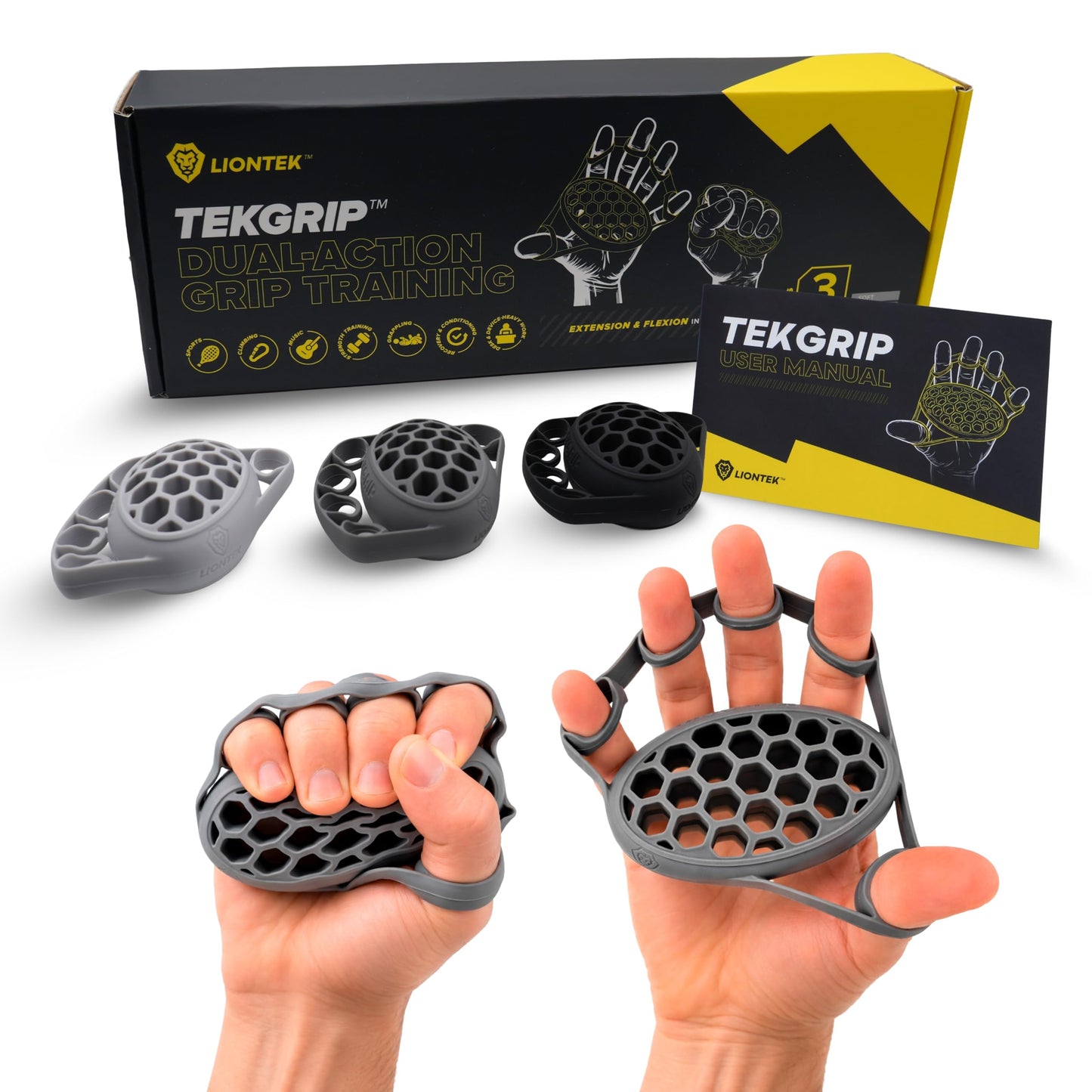 LIONTEK TEKGRIP Hand Grip Strengthener & Finger Exerciser, Dual-Action Grip and Extension Trainer with 3 Progressive Resistance Levels (TEKGRIP 3 Piece Set)
