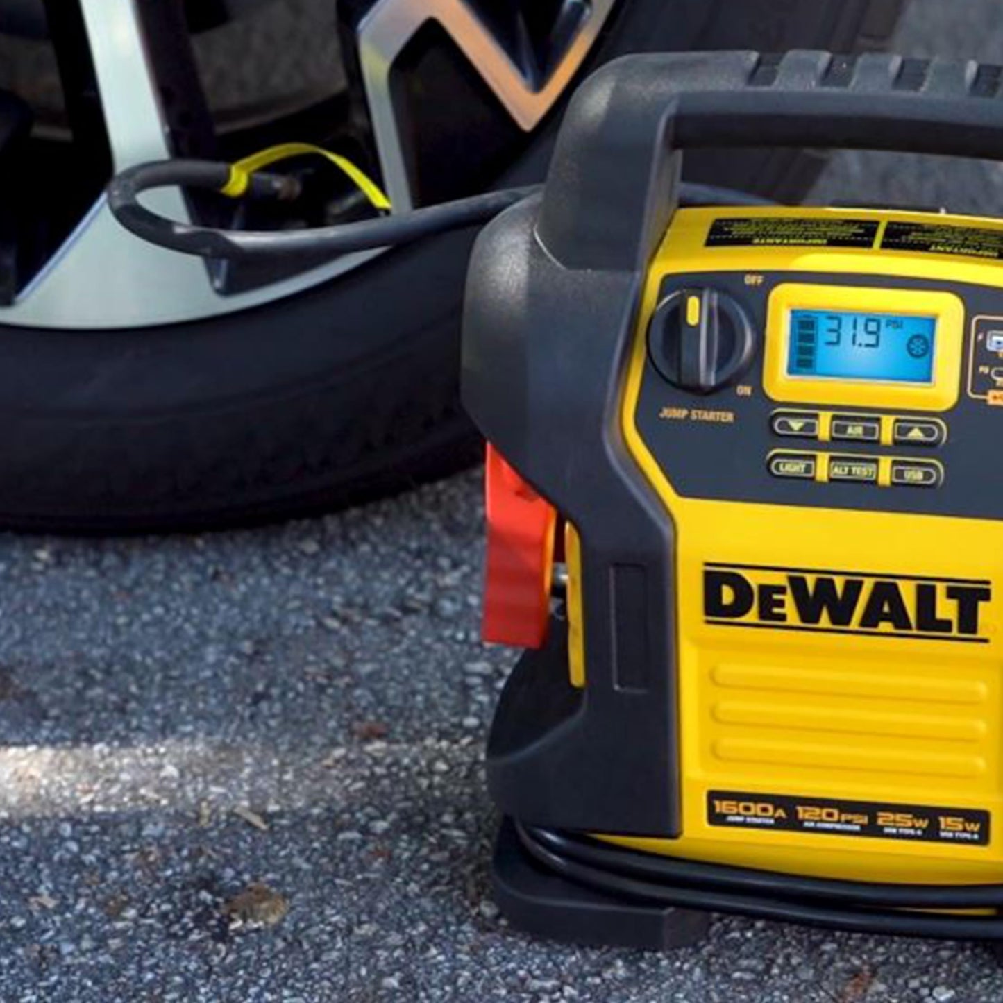 DEWALT DXAEJ14 Digital Portable Power Station Jump Starter - 1600 Peak Amps with 120 PSI Compressor for Tires, Sports Equipment & Bikes, 15W USB-A and 25W USB-C Power