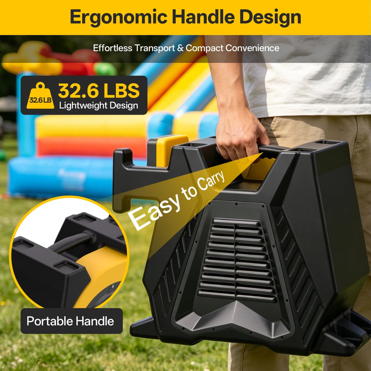 Huilynsen Air Blower for Inflatables 1.5 HP,Commercial Bounce House Blower with Double-Sided Fan Blade 1500 CFM PP Weatherpoof Blower Fan for Inflatable Water Slide,Paint Booth(Black&Yellow)