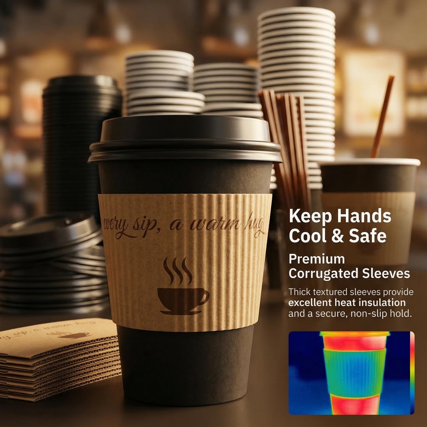 cuphug 12 oz Disposable Coffee Cups with Lids, Sleeves and Straws 100Pack, Thickened Leak-Proof Insulated Paper Cups for Hot Drinks, Home, Office, Cafe, Party