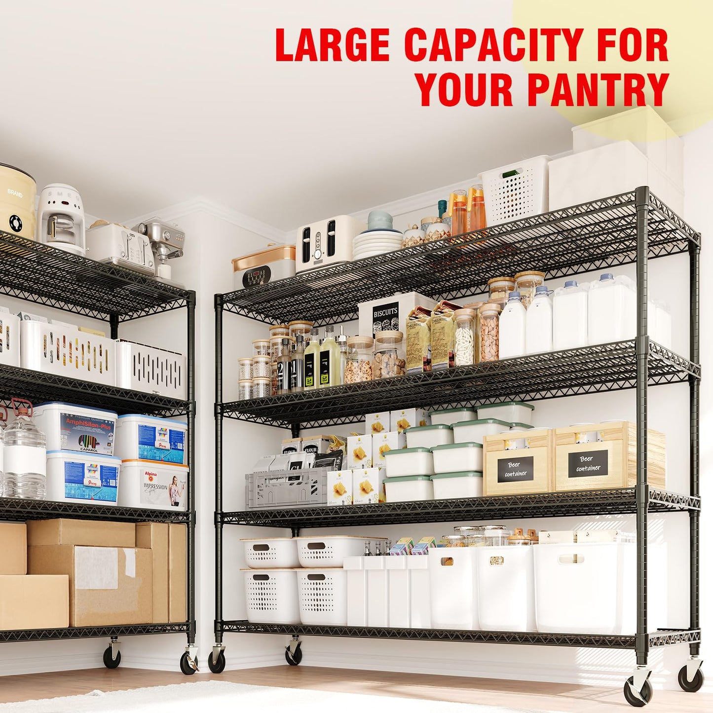 PeacefulHues 73.8" H Storage Shelves 4-Tiers Heavy Duty Shelving Unit with Wheels, 2640LBS Garage Shelving for Pantry Garage Kitchen Home Commercial, 73.8" H x 59" W x 23.9" D