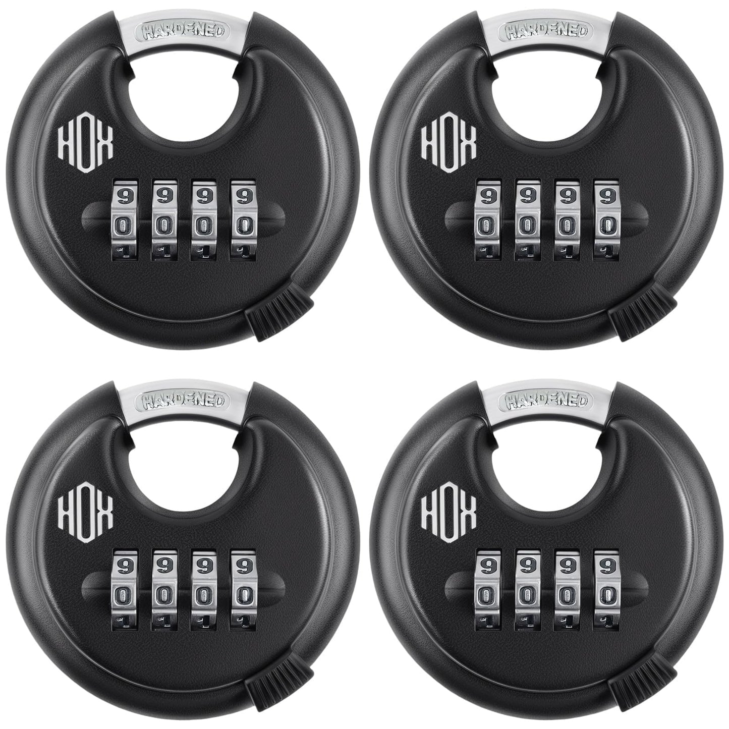 HOX Combination Lock, 4 Digit Disc Padlock with 3/8 Inch Hardened Steel Shackle, 2-3/4 Inch Zinc Alloy Wide Body, Keyless Heavy Duty Combo Lock for Hasp Latch, Sheds, Fences, Storage Locker (4 Pack)