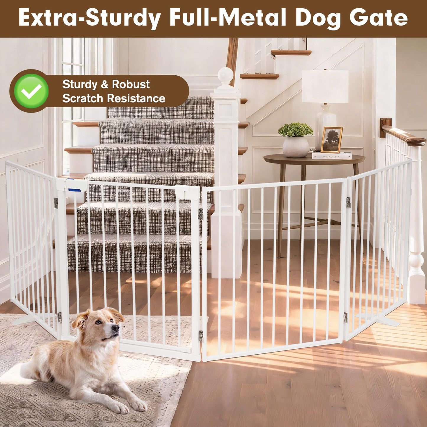 104" Extra Wide Dog Gate, Heavy Duty Metal Freestanding Dog Gate with Door for Indoor & Outdoor, Foldable Pet Fence for Doorways,House,Porch,Deck,Yard,Stairs, Auto Close(4 Panels,White)
