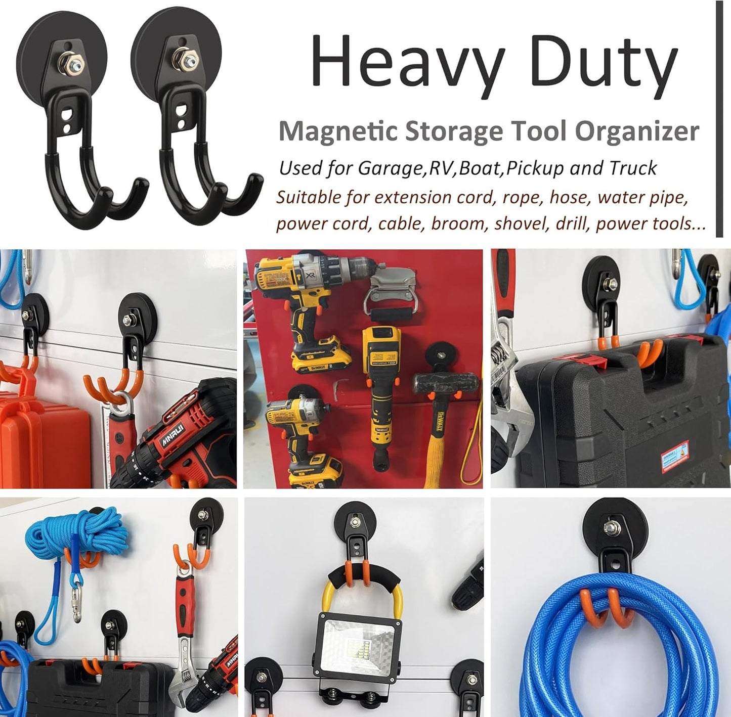 ULIBERMAGNET Heavy-Duty Magnetic Hooks - 4 Pack Black J Hooks with Anti-Slip Coating for Garden Tools & More