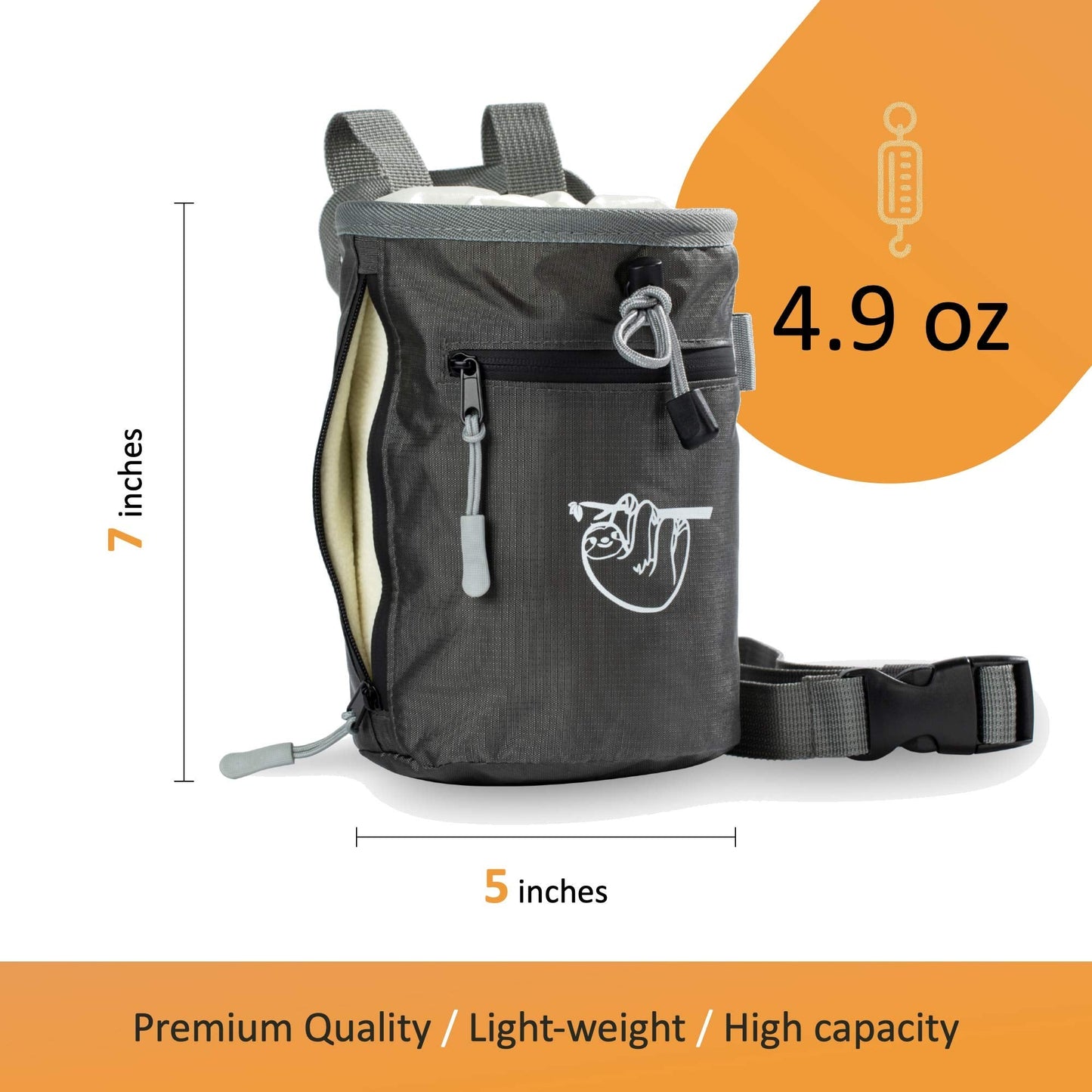 Chalk Bag for Rock Climbing, Climbing Chalk Bag for Bouldering with 2 Large Zipper Storage Pockets, Premium Gym Chalk Bag for Weightlifting, Great Gift and Rock Climbing Gear, Gray