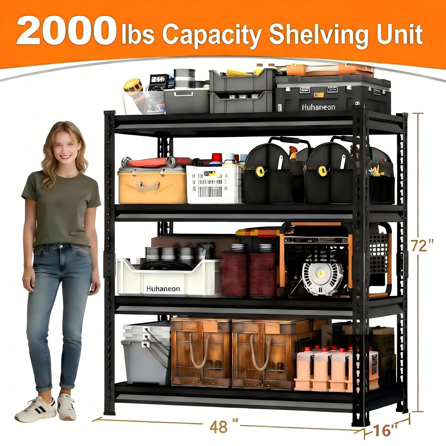 Huhaneon Utility Storage Garage Shelving - 48'' Wide 2,000 Lbs Heavy Duty 4 Tier Metal Shelves Adjustable - Freestanding Rack Units for Basement Kitchen Pantry - Black 48" W x 16" D x 72" H