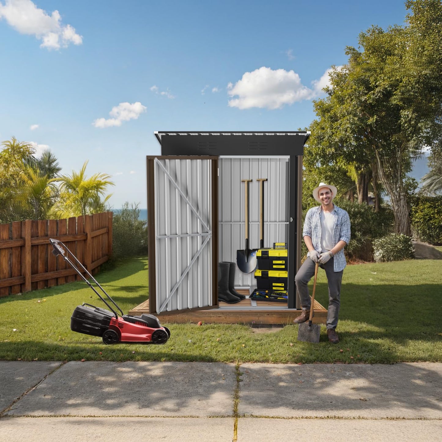 5' x 3' Outdoor Storage Shed, Sturdy Metal Building w/Floor Frame and Lockable Doors for Garden, Backyard, Poolside and Lawn, Brown