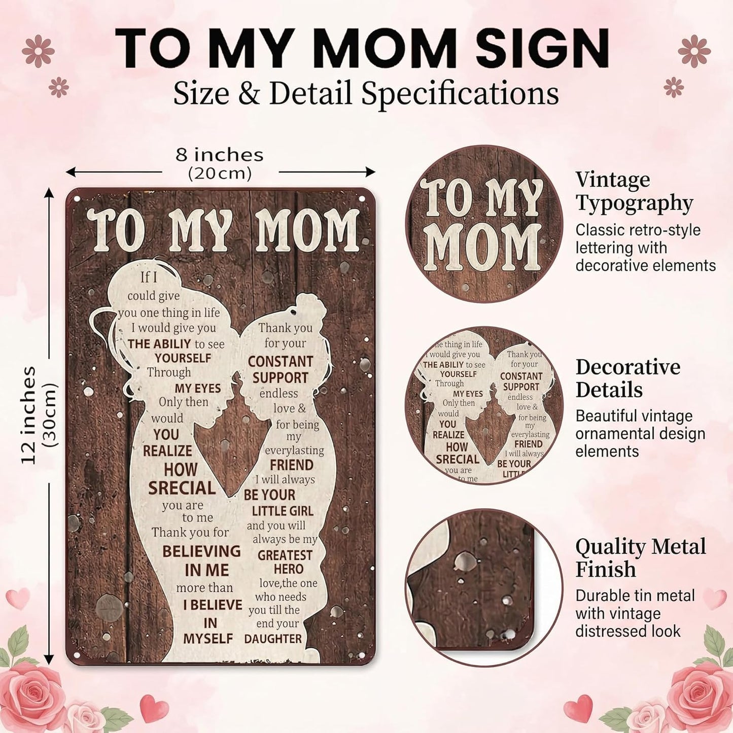 To My Mom Sign - Heartfelt 'I Love You' Gift for Mom | Home Decor for Kitchen, Bedroom, Office - 12" x 8"