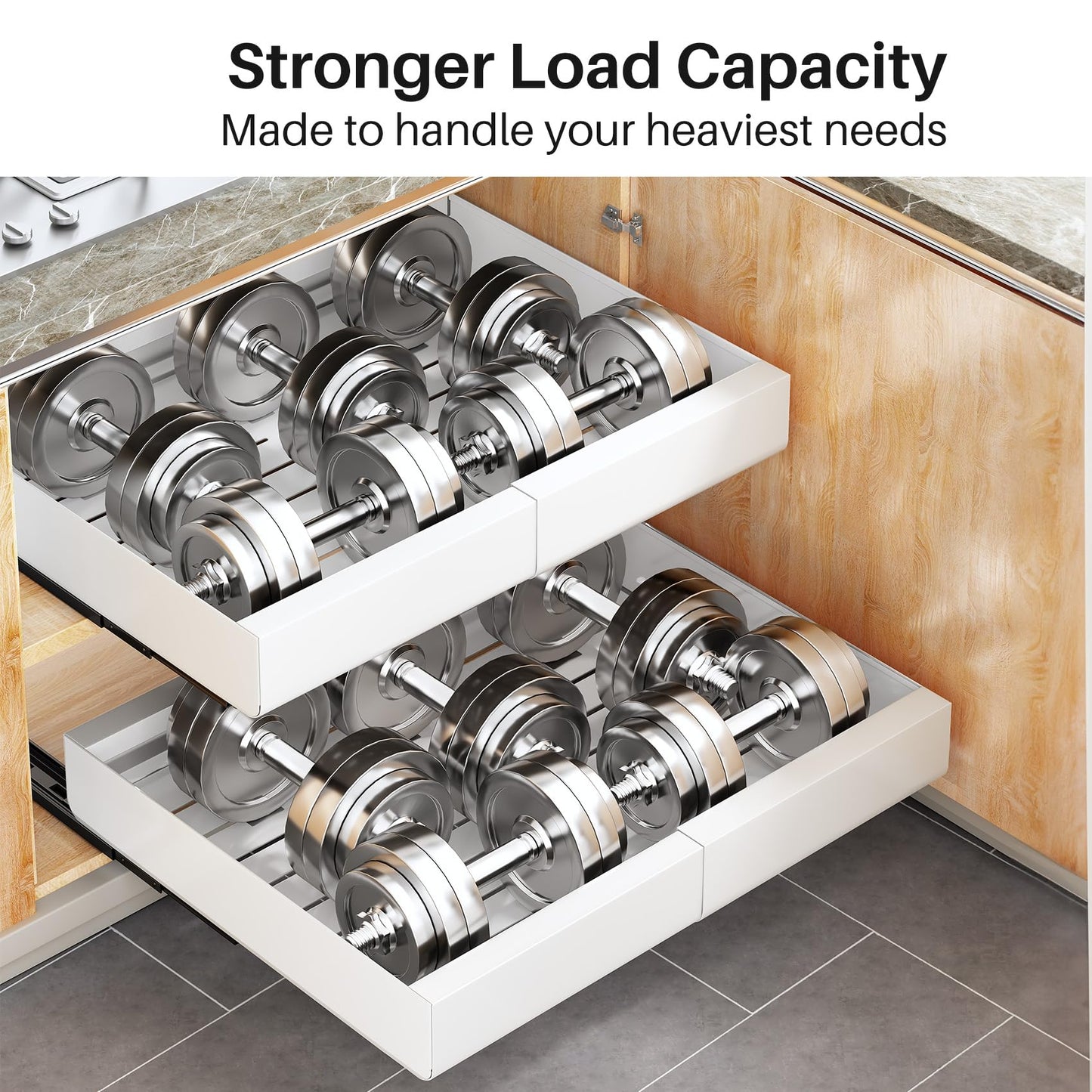 Pull out Cabinet Organizer, 2-pack, Expandable(12"-20") Heavy Duty Slide out Drawers Fixed with Adhesive Nano Film for Pots, Roll out Shelf Storage for Kitchen Base Cabinet Organization(3 Rails)