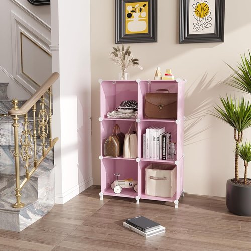 AWTATOS Cube Storage Organizer - Portable DIY Stackable Closet Shelves for Kids - 6 Pink Cubes