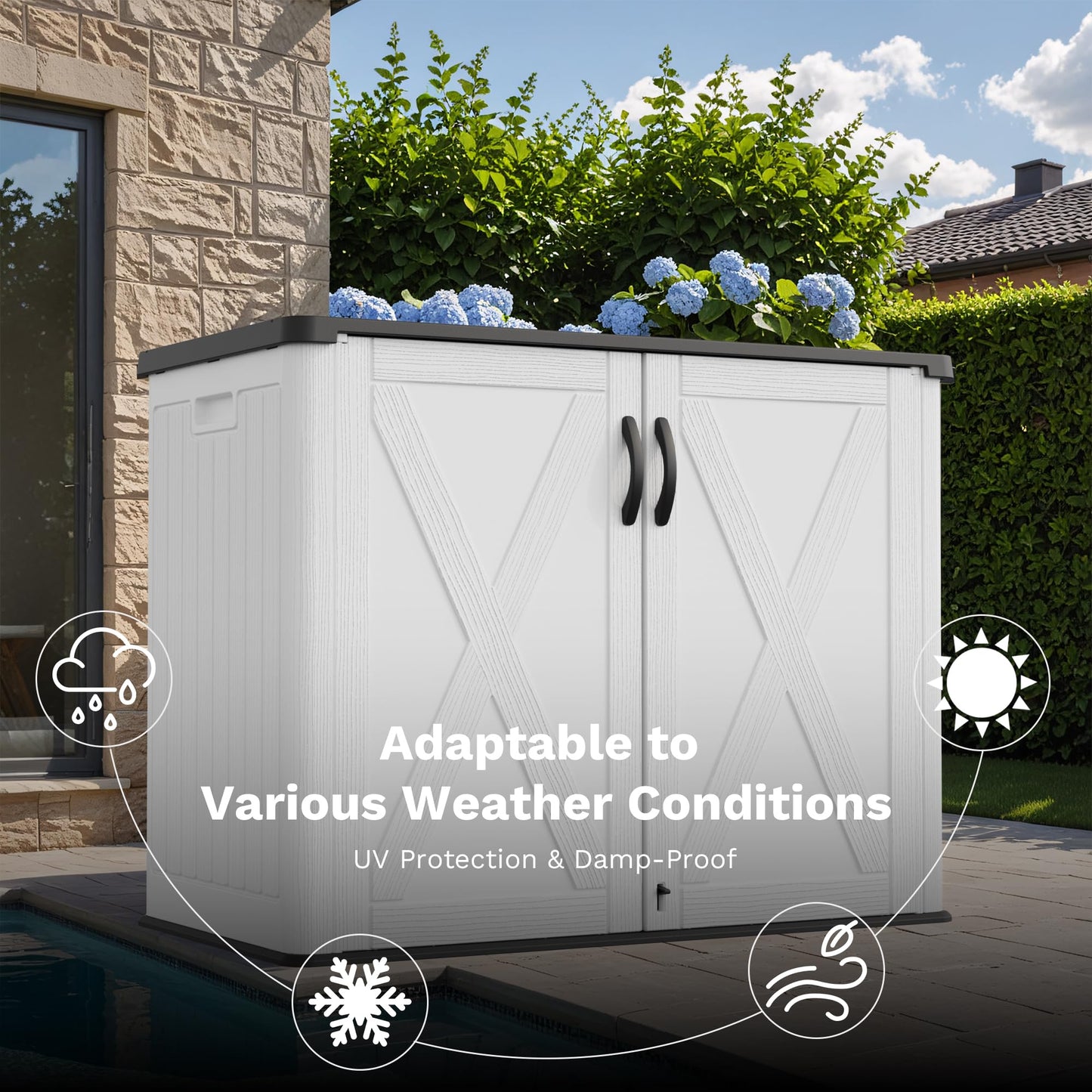 Greesum Outdoor Storage Cabinet, 25 CUFT Deck Box Without Shelves, Waterproof Plastic Storage Shed for Patio Cushions, Gardening Tools, Lockable and Sidehandles, UV Resistant, White