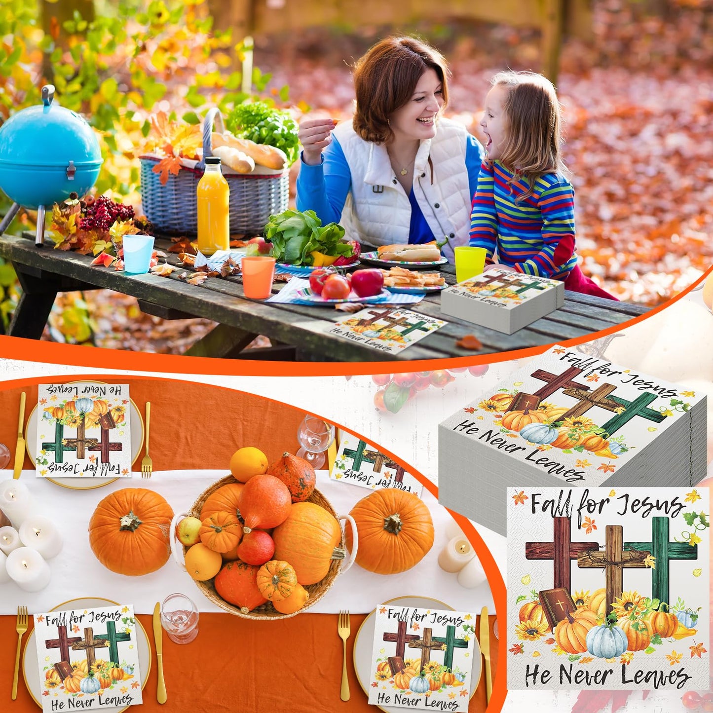 Janlaugh 60 Pcs Fall Paper Napkins Fall for Jesus He Never Leaves Napkin Disposable Autumn Pumpkin Cross Guest Napkins Religious Vintage Dinner Napkin for Autumn Thanksgiving Party Supplies