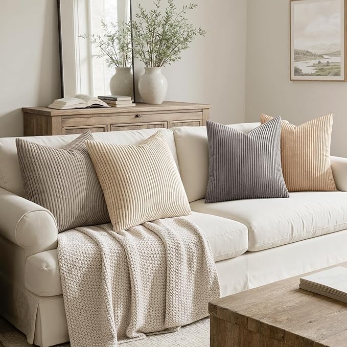 MIULEE Boho Farmhouse Neutral Cream Throw Pillow Covers 20x20 Inch Set of 4 Mordern Nordic Cushion Covers Soft Corduroy Spring Home Decor for Couch Bed Sofa Living Room