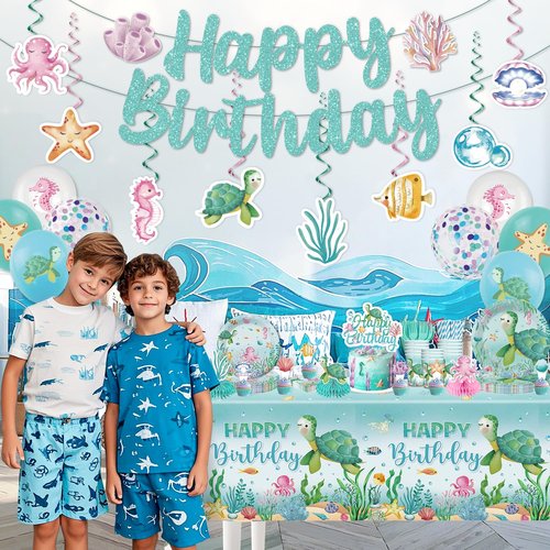 cocomigo 201 Pieces Ocean Party Decorations, All-in-One Sea Turtle Birthday Party Pack, Includes Banner, Plates, Tablecloth, Cake Toppers, Balloons, Under the Sea Decorations for 25 Guests