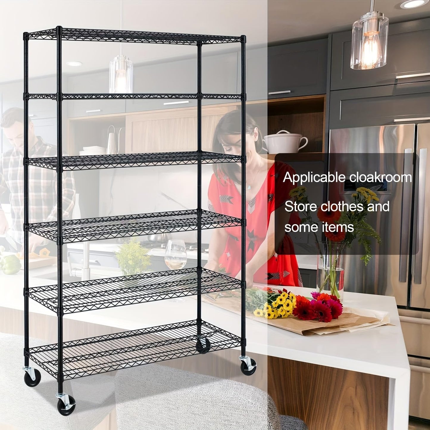 Generic 6-Tier Storage Shelves Wire Shelving with Wheels Heavy Duty Metal Shelves Tall Steel Shelving Units Adjustable 6000lbs Capacity Rolling Shelf Racks for Restaurant Garage Pantry Kitchen, Black