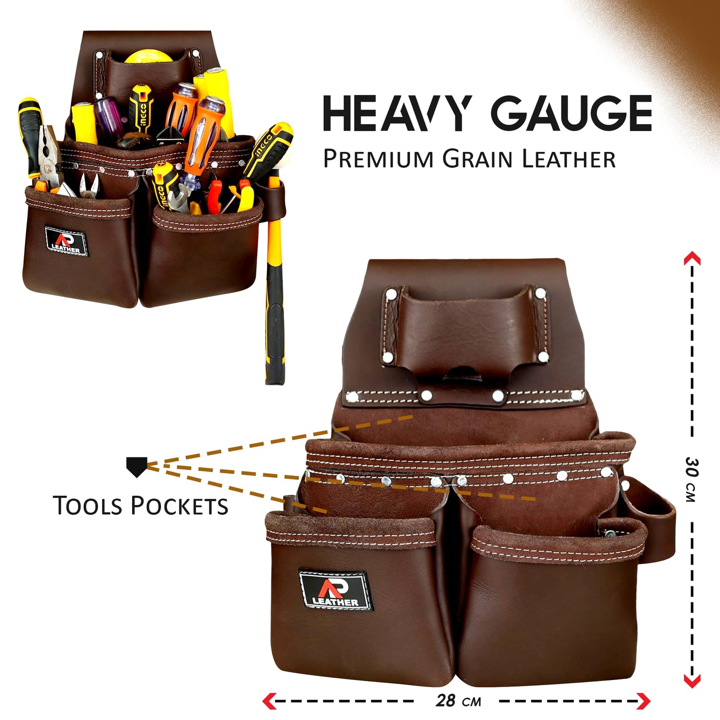 AP-LEATHER PRO-19 100% Genuine Full Grain Leather Tool Belt/Pouch/Bag, tool belt with suspenders, Comfort Back Support Tool Pouches With Suspenders (Chocolate Brown)