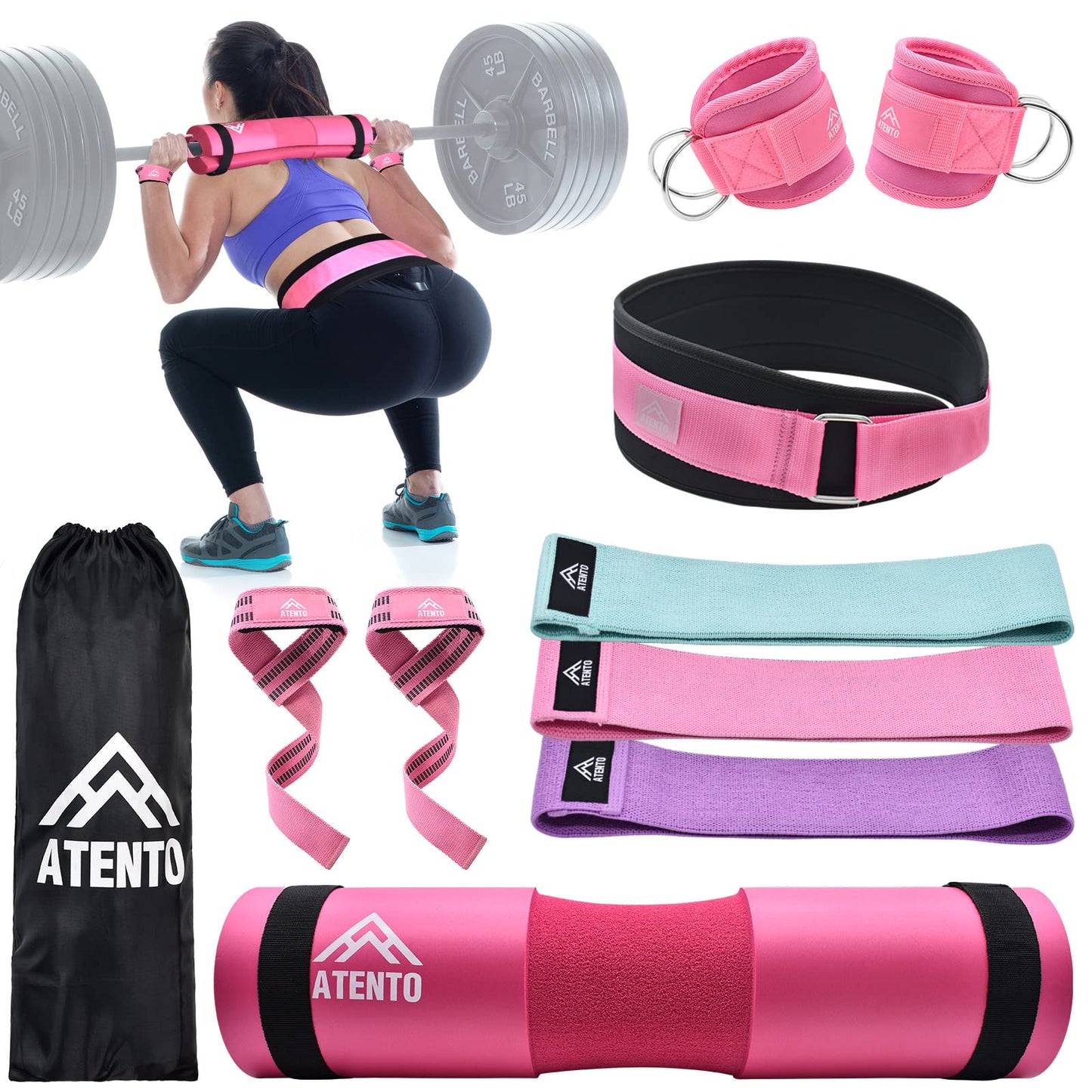 ATENTO 10 Pcs Barbell Pad Set, Hip Thrust Pad for Bench Press, Lunges, Workout, Leg Exercise, Squat Bar Pad (Pink)