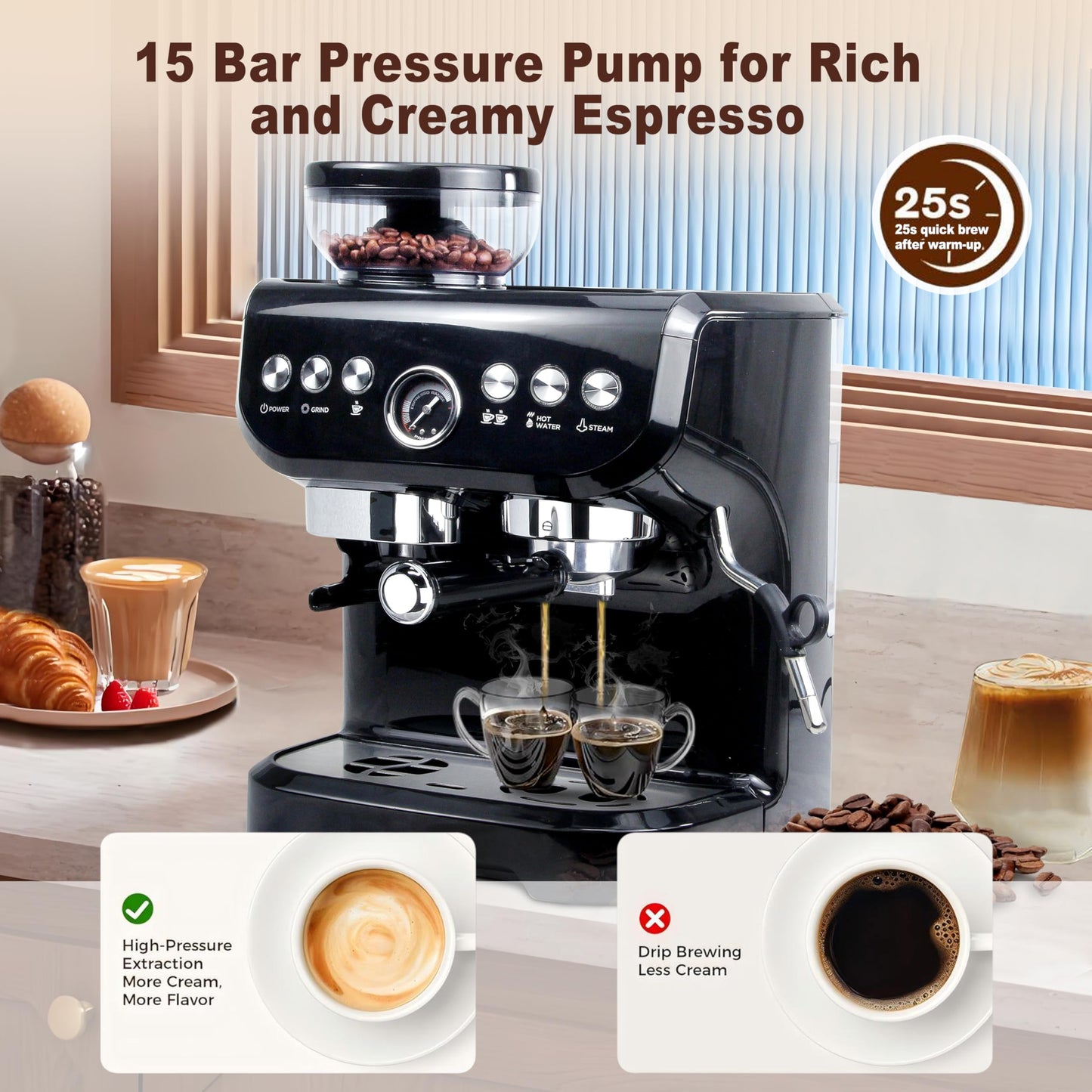 MIROX Espresso Machine 15 Bar, Coffee Maker With Milk Frother Steam Wand, Built-In Bean Grinder, Combo Cappuccino Machine with 70oz Removable Water Tank (ABS high-strength plastic shell)
