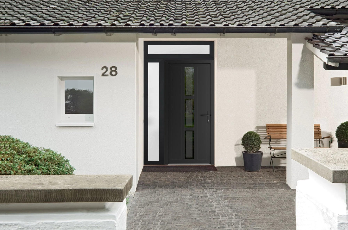 VDOMDOORS Front Exterior Prehung Metal-Plastic Door Frosted Glass | Manux 8112 Matte Black | Side, Top Sidelite Transom | Residential Doors Entrance Patio Garage 50 x 94 (W36+14 x H80+14) Left-Inswing