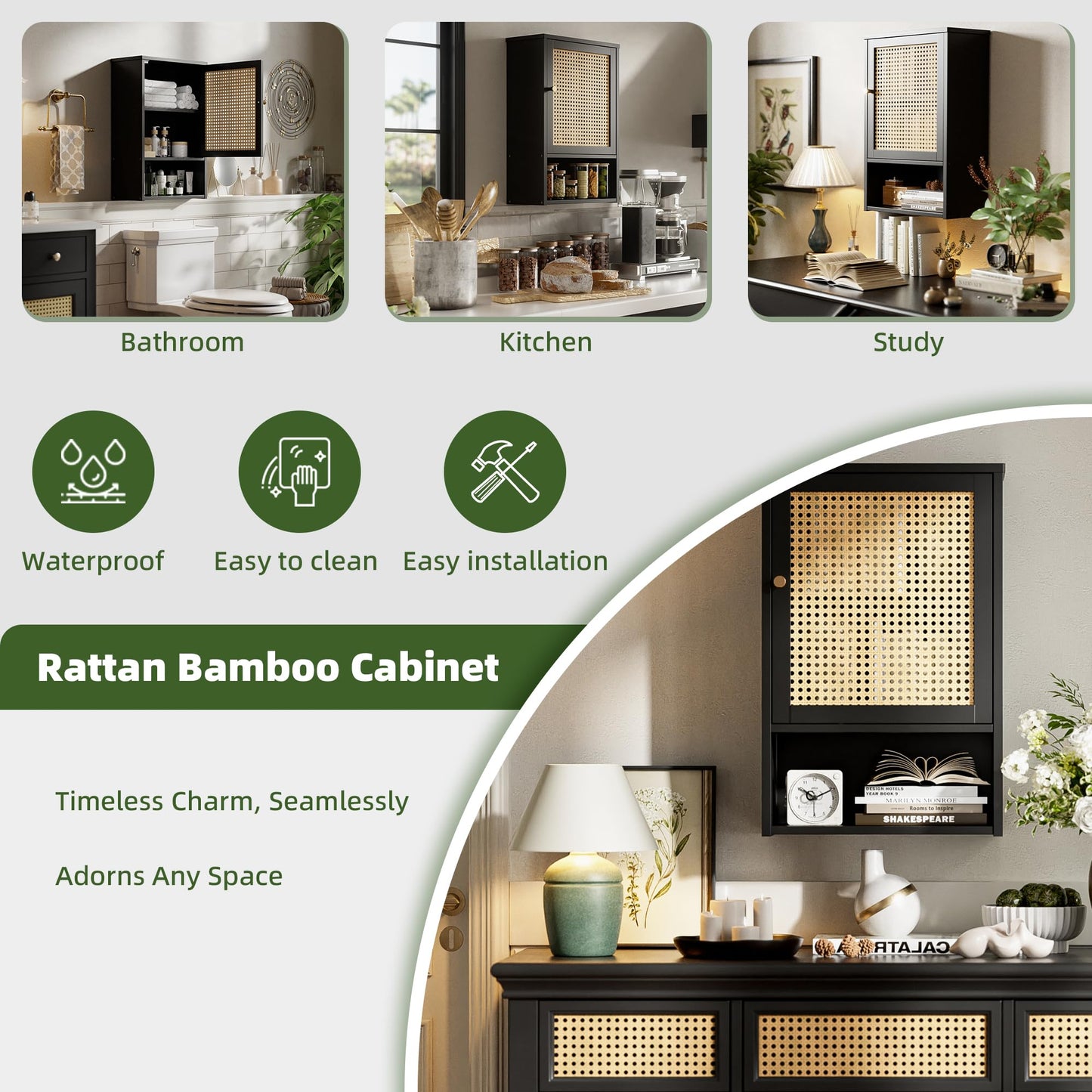 vovala Bathroom Wall Cabinet, Bamboo Over-The-Toilet Storage Organizer with Rattan Doors and Adjustable Shelf, Space Saver Medicine Cabinet for Laundry, Kitchen, Living Room (Black)