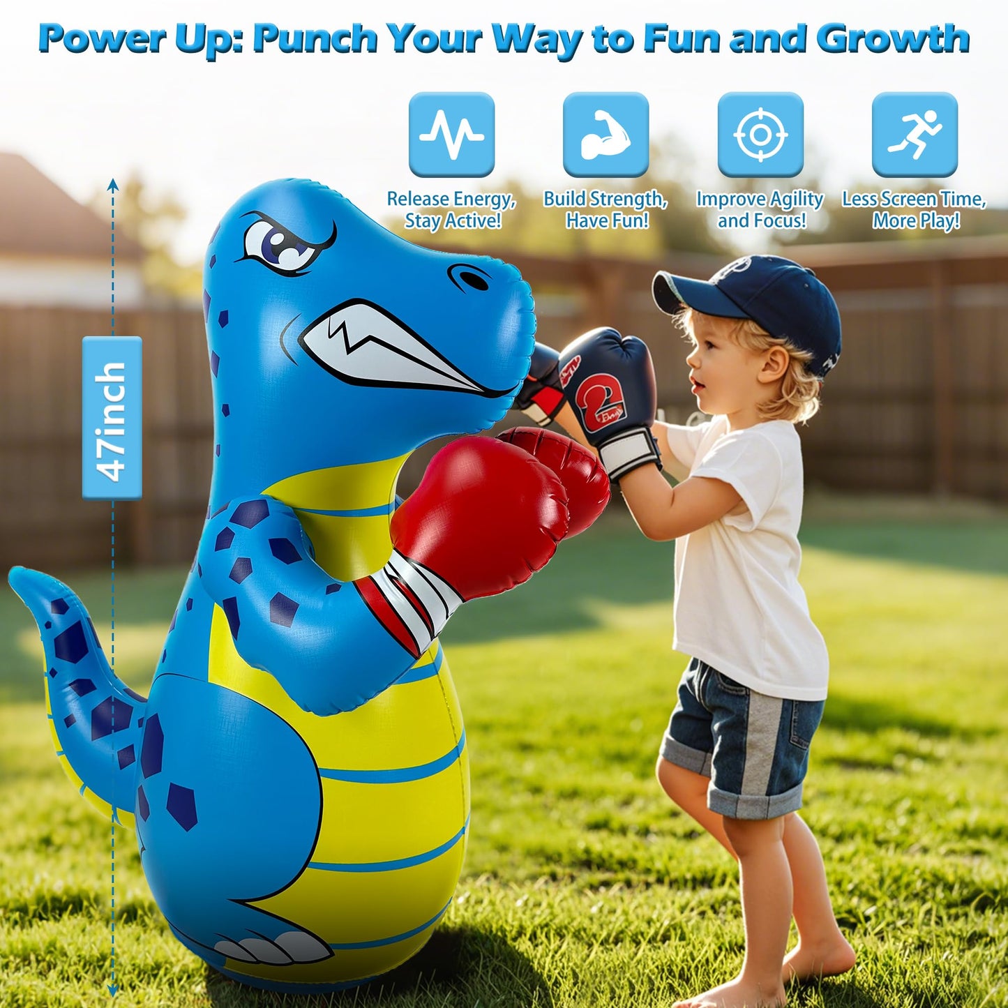 Kids Punching Bag with Air Pump, 50” Freestanding Inflatable Boxing Training Bag for Ages 3-8, Bounce Back Reflex Punching Bag for Fitness & Coordination