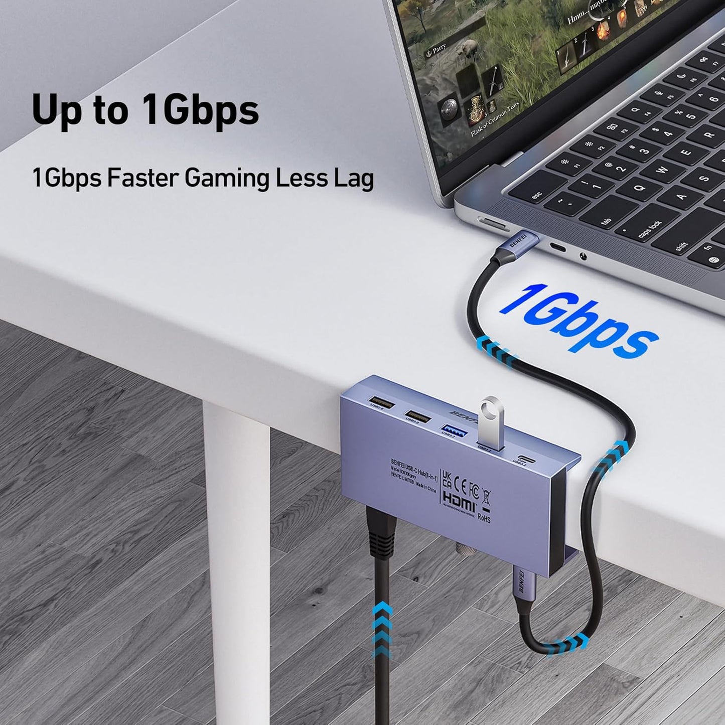 BENFEI 8-in-1 4K@60Hz 100W 10Gbps 1x 2 3.2, 2 2.0 S23, XPS17 USB C Hub with Secure Clamp Features HDMI, Gigabit