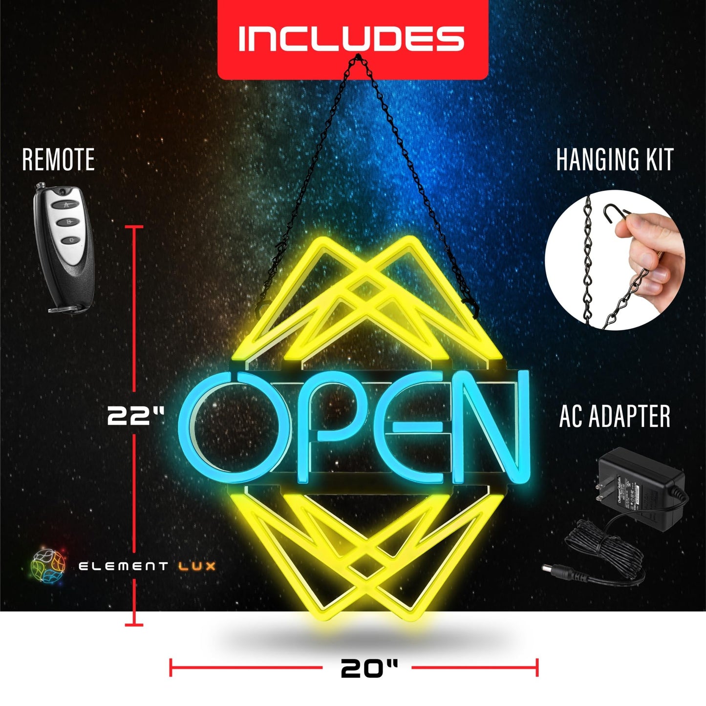 Open Sign for Business with 49 Color Combinations – ULTRA BRIGHT LED Neon Sign Visible Day and Night – Large Window Sign – by Element Lux Signs – 20 x 22in