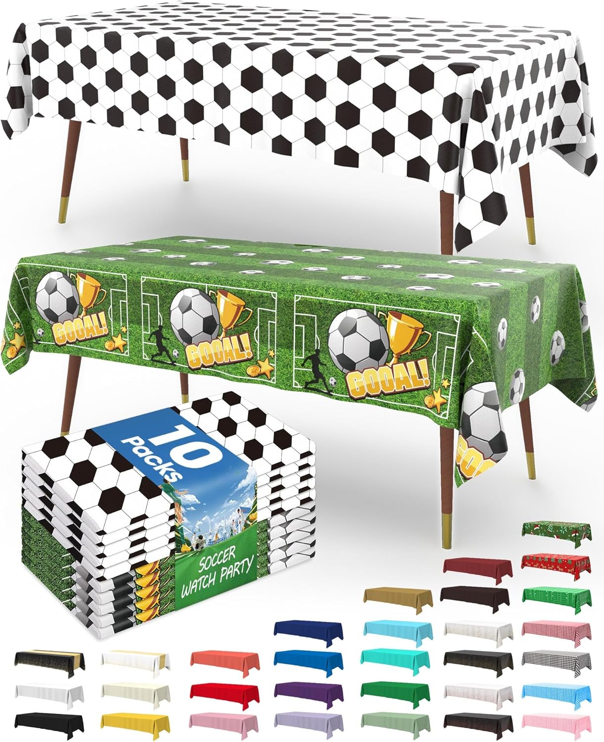 Pureegg Soccer Tablecloths - Disposable 10 Pack for Soccer Birthday Parties | 54 x 108 Inch, Green & White