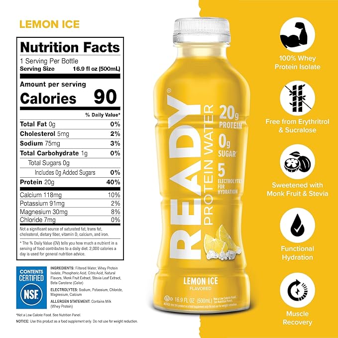 Ready® Protein Water ??20g Whey Protein Isolate, Zero Sugar, Low-Calorie Sports Drink for Hydration & Recovery ??Electrolytes, Essential Amino Acids ??Lemon Ice, 16.9 fl oz Bottles (12-Pack)