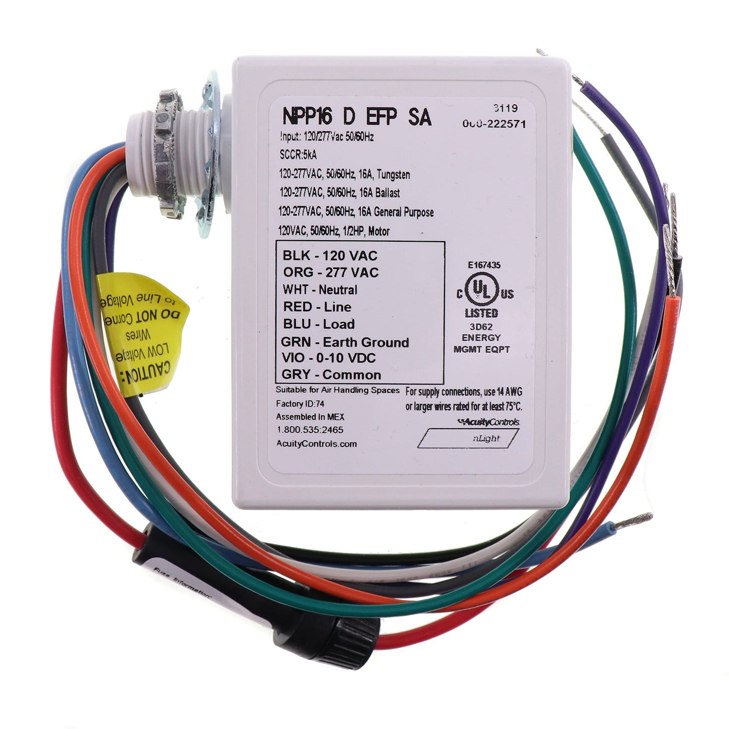 SENSOR SWITCH NPP16-D-EFP-SA 120-277 Volts, 14-122 Degree F, DIMMING, External Fault Protection, J-Box Mount, Power Relay, THERMOPLASTIC, White
