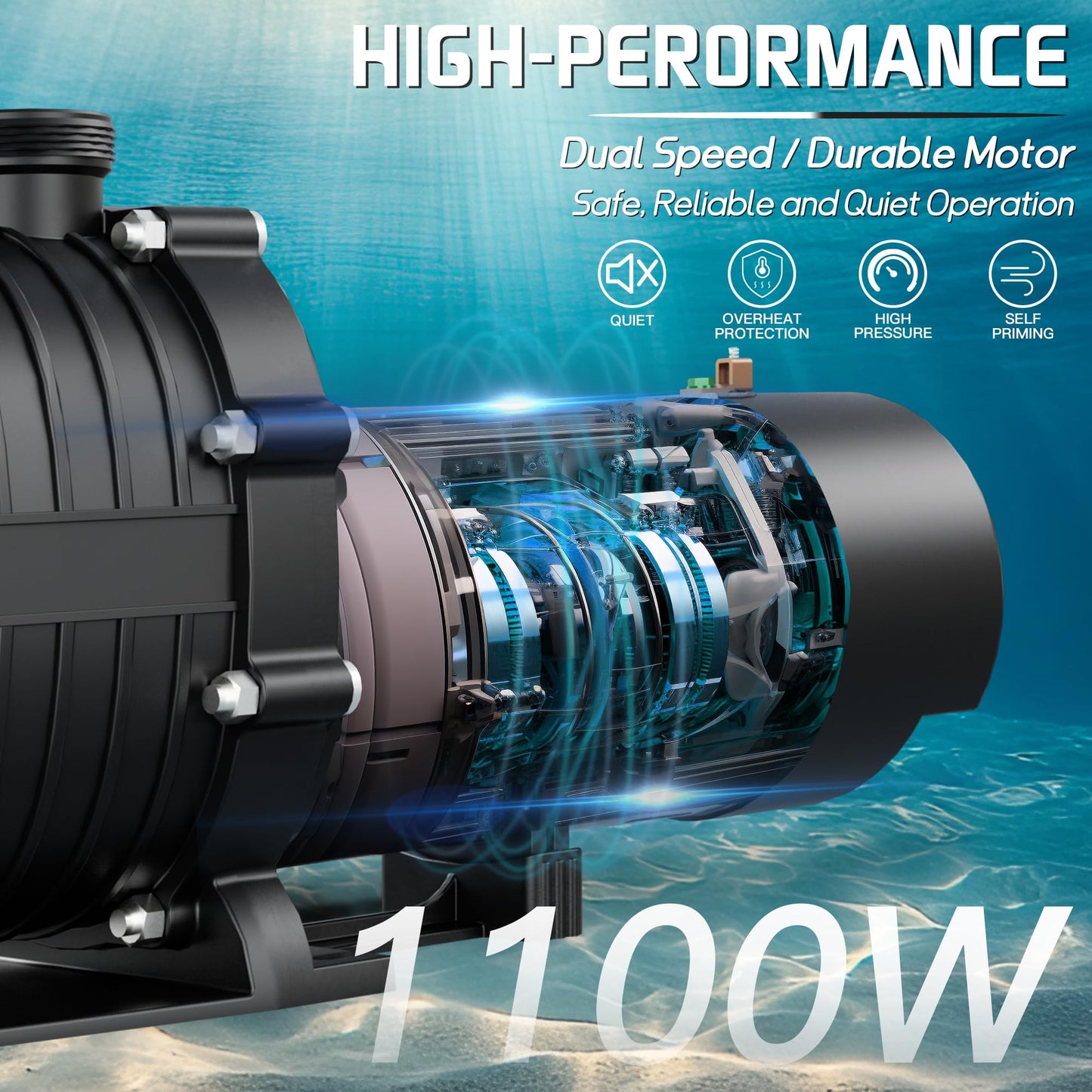 LANCHEZ In/Above Ground Pool Pump, Self Primming (Dual Speed, 1.5 HP, 6300 GPH, 230V, 1.5" & 2" NPT Adapter, Strainer Basket), Light black