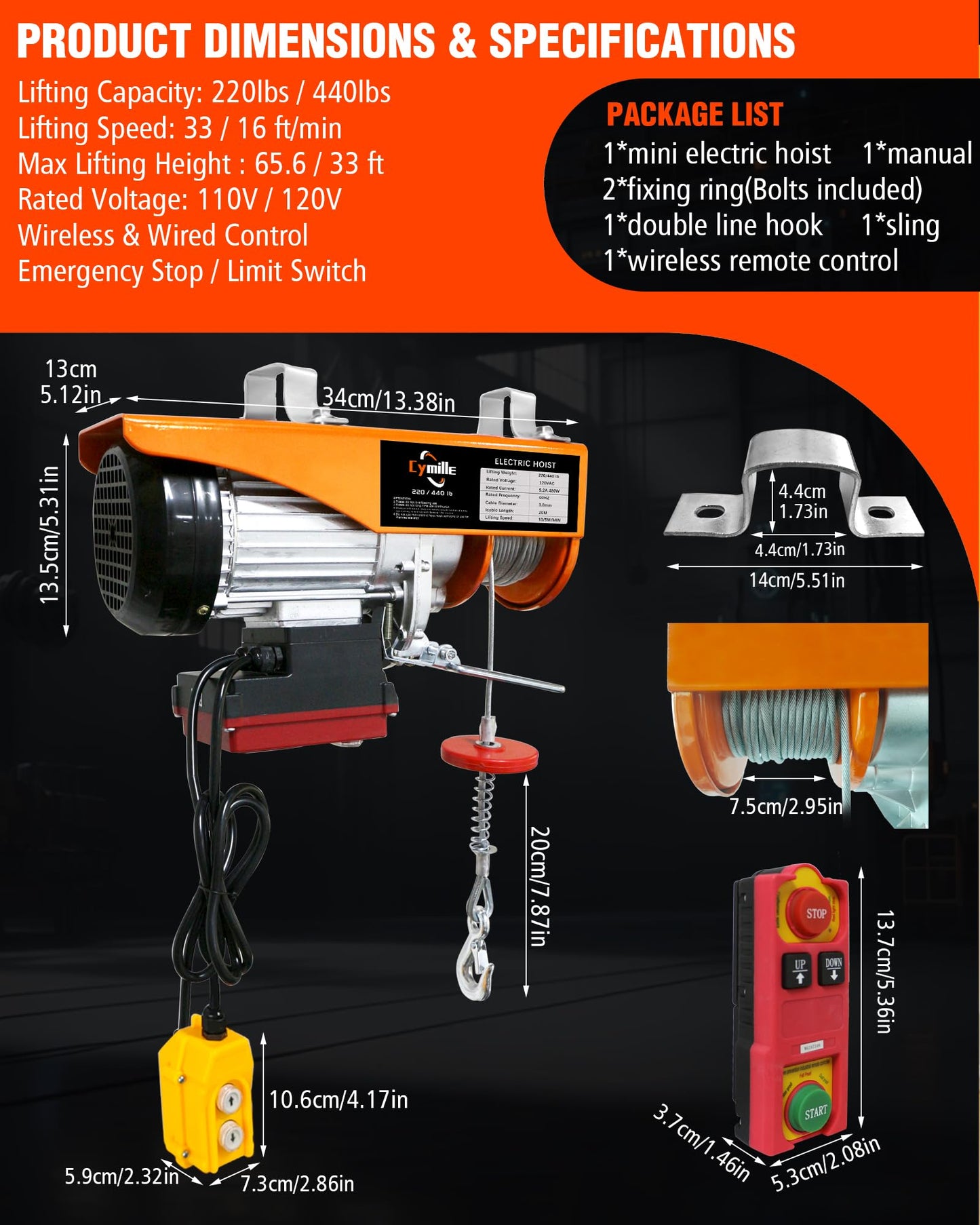 2 in 1 Electric Hoist with Remote Control, 440 lbs Capacity, Electric Hoist Winch 110V, 16ft/33ft/min Speed, 65.6 ft Lifting Height for Garage, Attic, Warehouse, Workshop, Factory