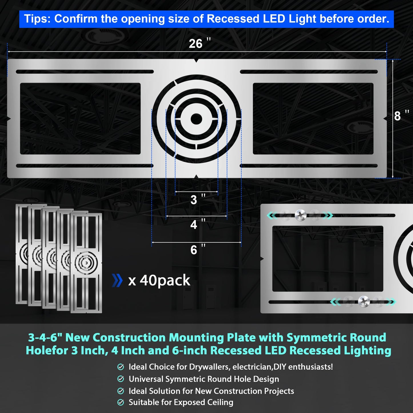 New Construction Mounting Plate, 3-4-6 Inch, LED Recessed Lighting Housing Kits for remodeling, Basement remodeling, Hanging Ceiling and LED Lighting, Shallow Recessed Lighting Housing Plate,40PC