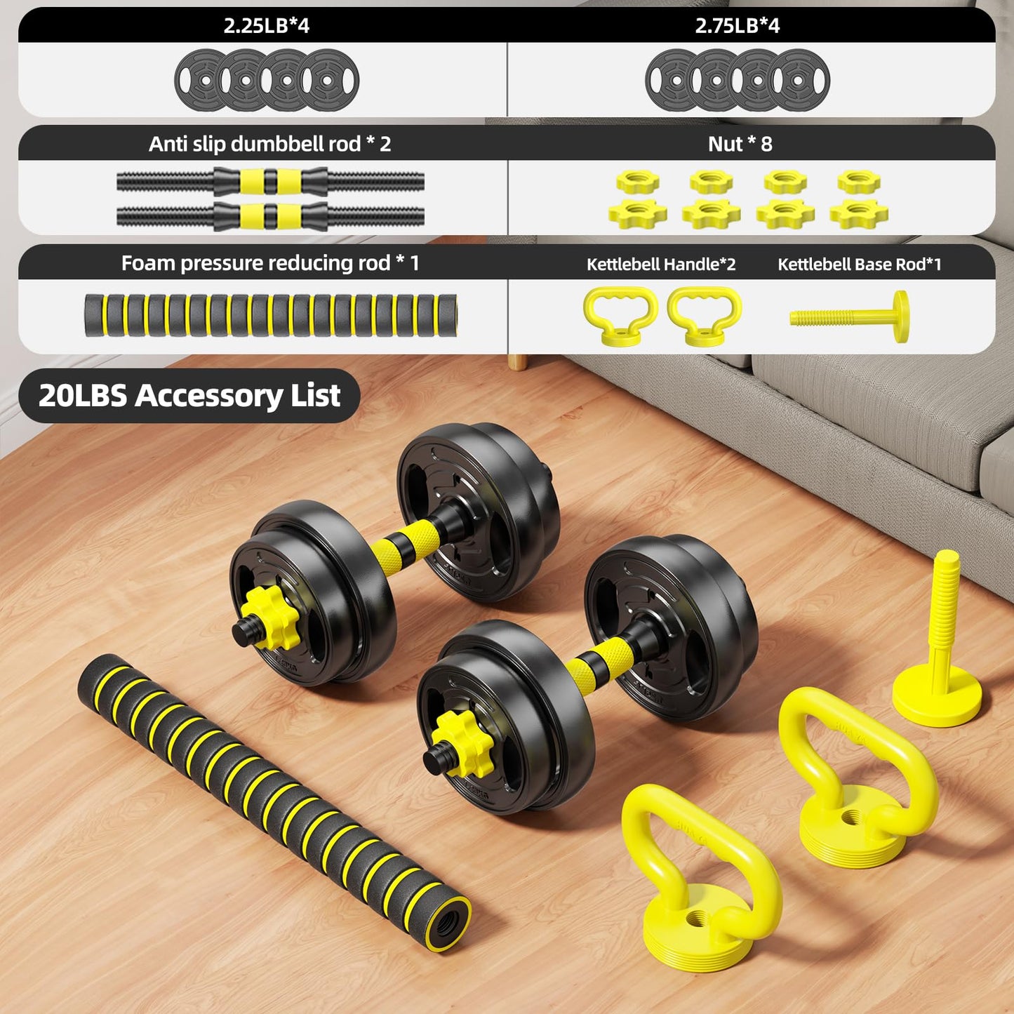 HUAYA Adjustable Dumbbell Set, 10-90lbs Free Weights with Connector – 4 in 1 Dumbbells, Barbell, Kettlebell & Push Up Stand, Adjustable Weights Set for Home Gym Fitness Equipment for Men & Women (Orange 20lbs (10lbs*2))