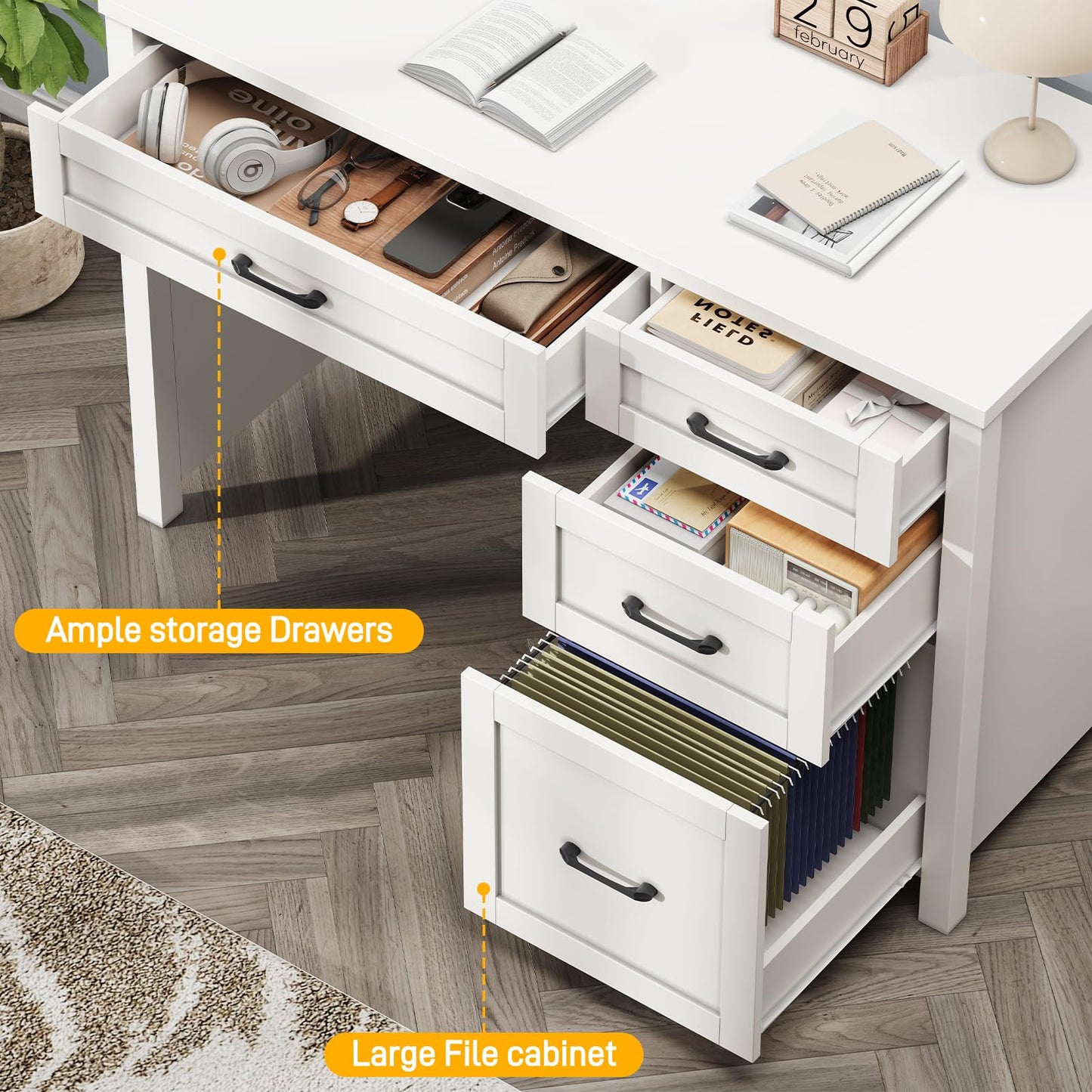Halitaa Farmhouse 47" Executive Desk, Computer Desk with File Drawer and Charging Station, Workstation for Home Office, Study(Cream White)