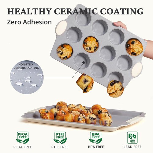 BRONYPRO 12-Cup Non-Toxic Nonstick Ceramic Muffin Pan - Heavy Duty, PFOA-Free, Oven Safe, Cream White