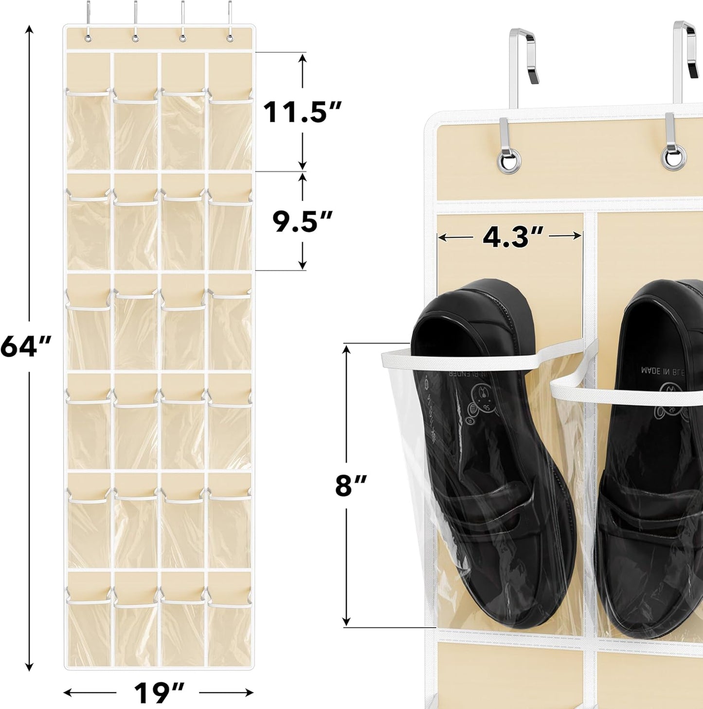 Simple Houseware 24 Pockets - Over The Door Hanging Shoe Organizer | Crystal Clear, Beige (64'' x 19'')