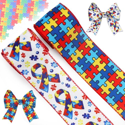 Autism Awareness Wired Ribbon - 2 Rolls of 10 Yards | 2.5 Inch Puzzle Piece Design for DIY Crafts & Decorations