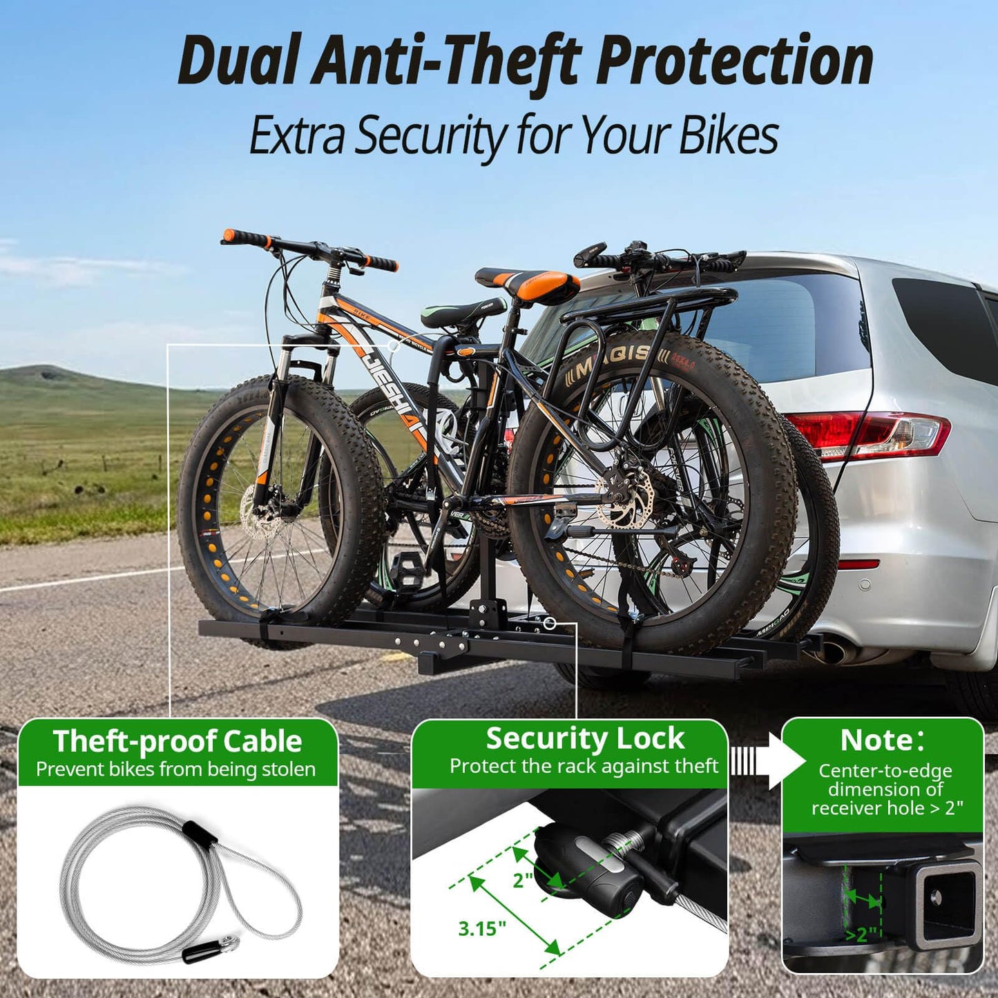 Bike Rack Hitch Mount with Ramp for 2 Bikes – Platform Ebike Rack with Anti-Theft Lock Fits Fat Tires up to 220 lbs – Foldable & Tilt Electric Bike Rack for SUV, Truck, RV – 2'' Hitch Receiver