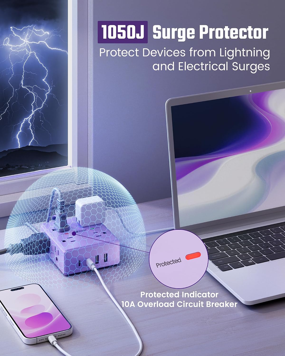 SUPERDANNY 10Ft, 8 4 (2 Purple Extension Cord Flat Plug Surge Protector Power Strip Kawaii, Outlets & USB Ports USB C)