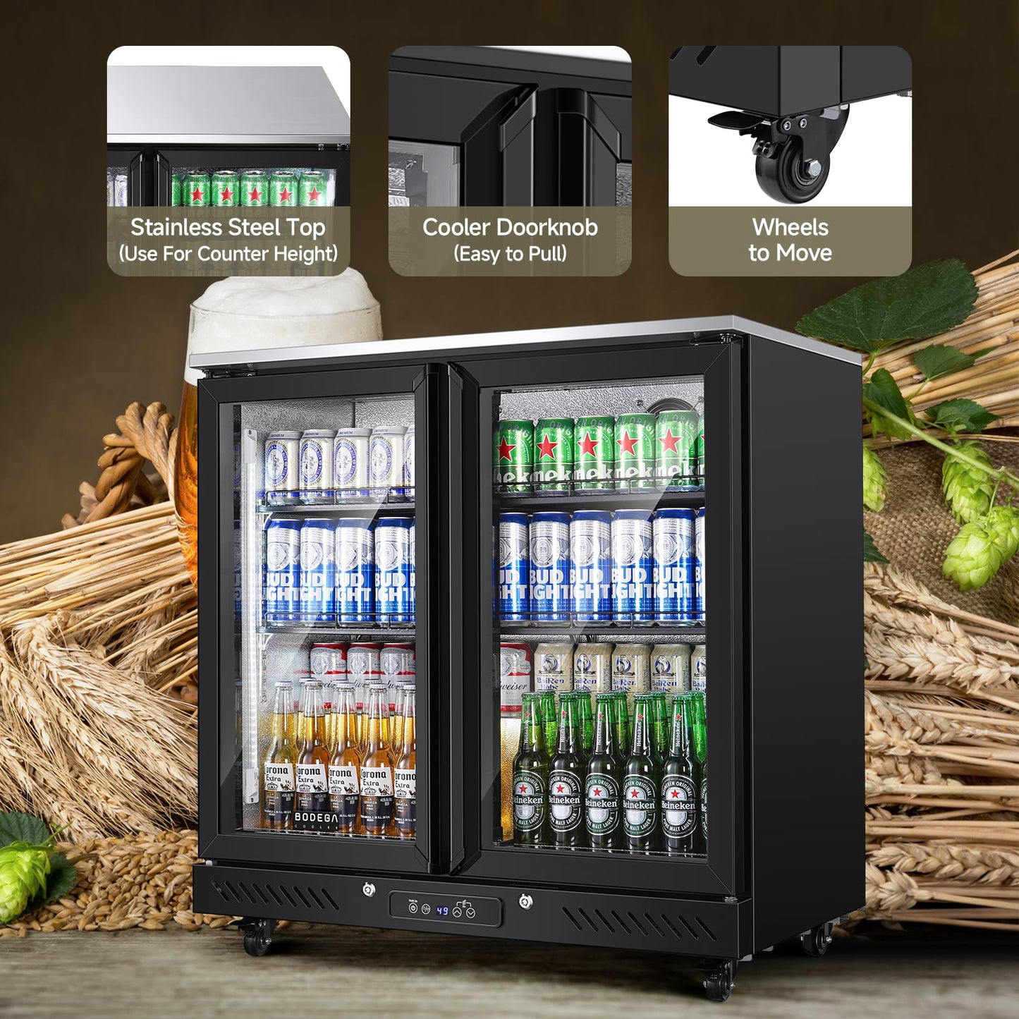 BODEGACOOLER Back Bar Cooler with 2 Glass Doors,7.7 Cu.ft Commercial Bar Beverage Refrigerator Under Counter LED Lighting for Soda Drinks,Beer,Wine with Stainless Steel Top,DOE Approved,4 Casters