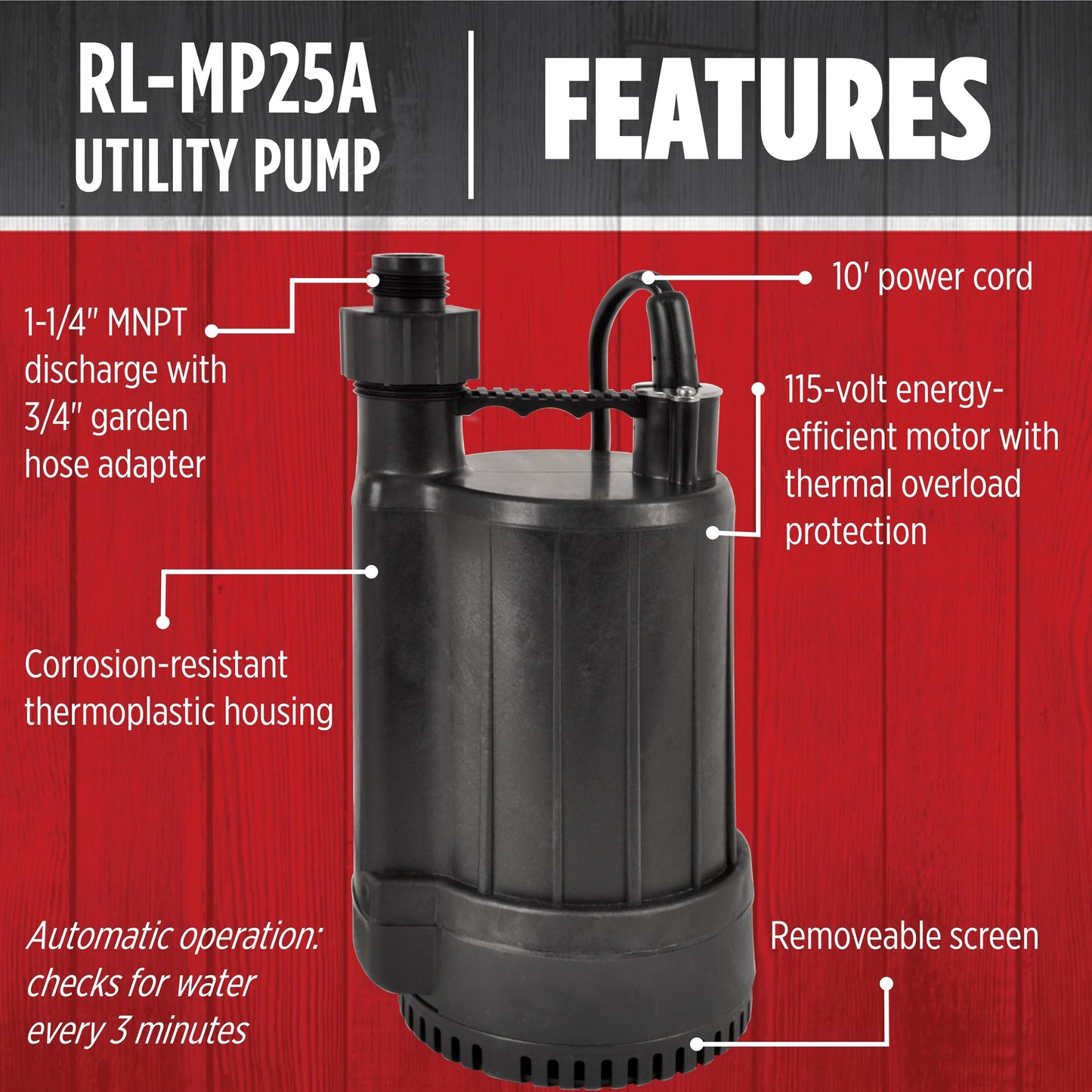 Red Lion RL-MP25A 115 Volt, 1/4 HP 2200 GPH Automatic Thermoplastic Submersible Utility Pump, 10-Ft. Cord, Black, 14942735