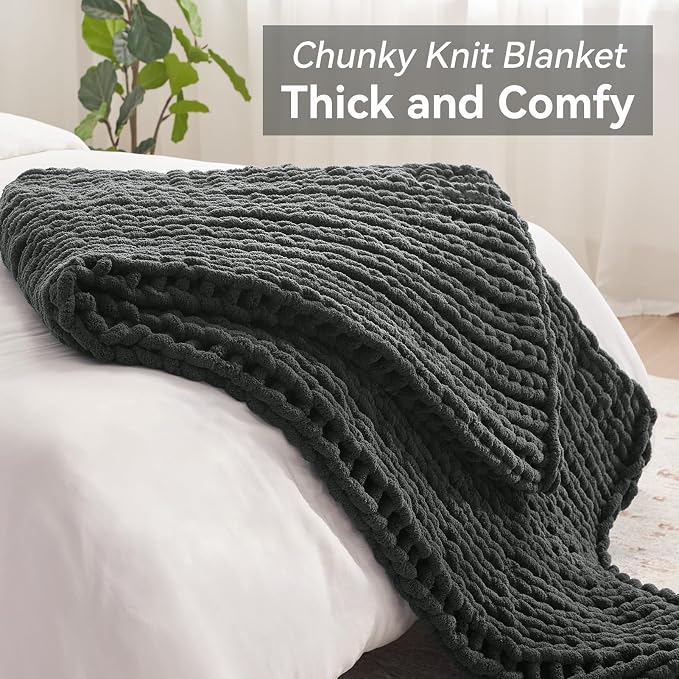 Negwoo Chunky Knit Throw Blanket, 50''*60'' Knitted Throw Chenille Yarn for Bed Couch, Handmade Dark Grey Crochet Big Thick Blanket, Machine Washable Cute Comfy Blanket for Home Decor