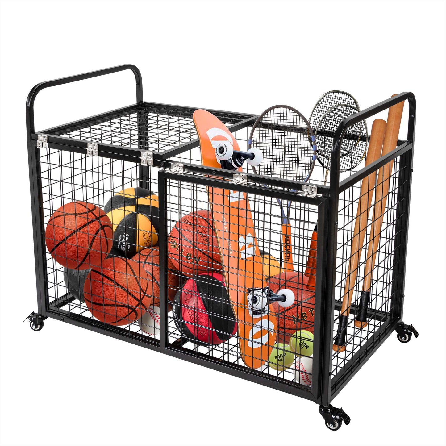 heodmaem Ball Cart Storage for Garage Compatible with Optional Divider, Extra Large Basketball Cage Bin for Indoor Outdoor, Heavy Duty Sports Equipment Organizer with Lockable Wheels for Gym, School